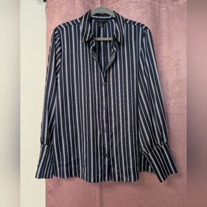 Women's Halogen Nordstrom Blue White Striped Silky Blouse Dressy Professional